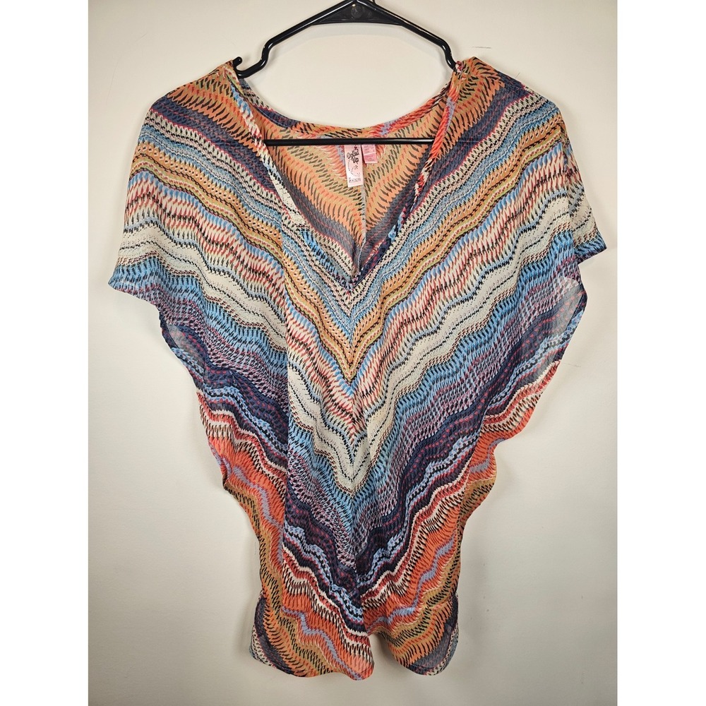Dolled Up by FANG S Sheer Chiffon Chevron  Poncho Top Boho festival lagenlook
